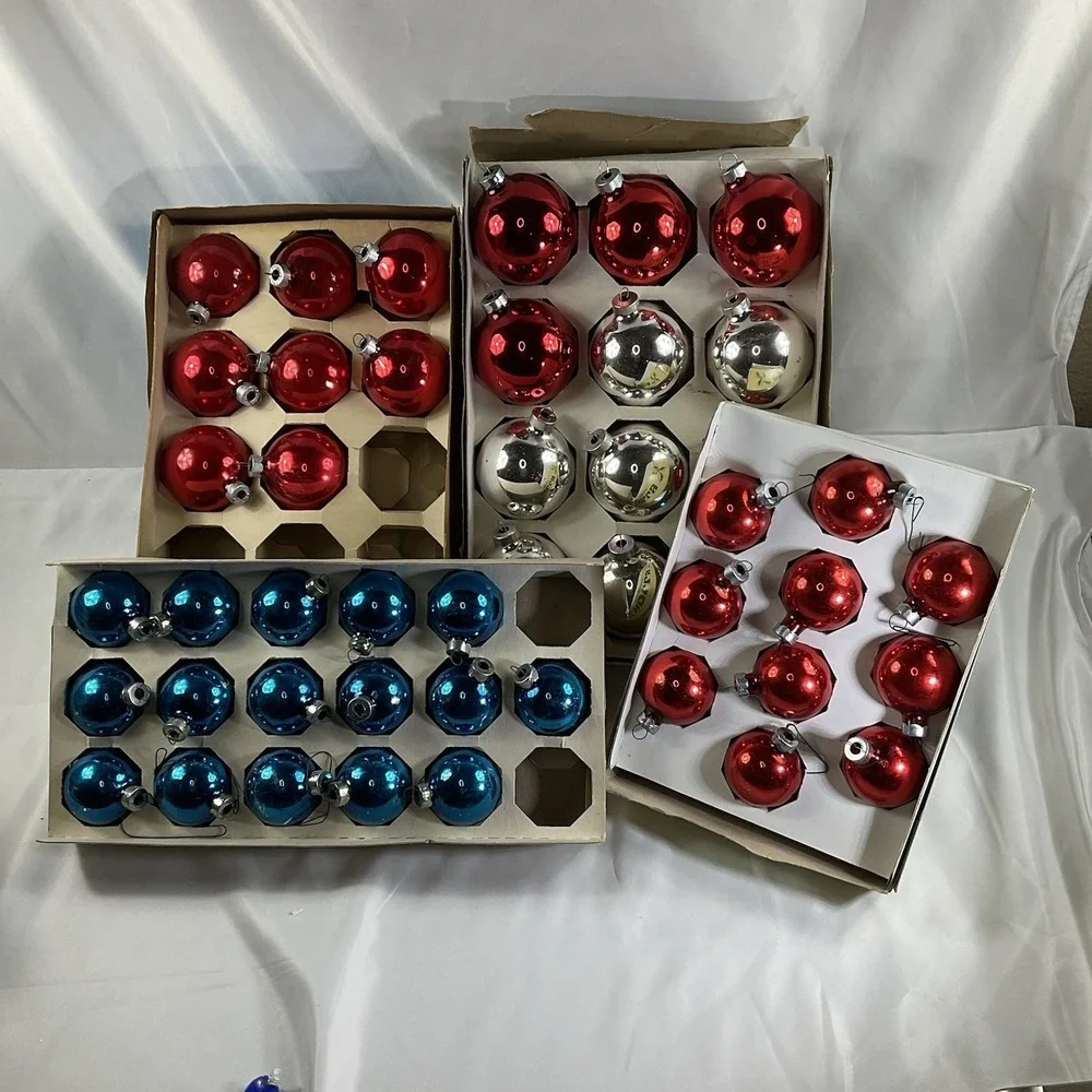 Lot of 47 Vintage Christmas Glass Ball Ornaments, Red, Blue, Sliver